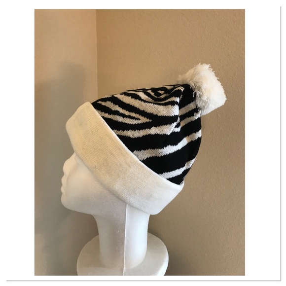 White Zebra Pom Pom Beanie - Picture 2 of 3